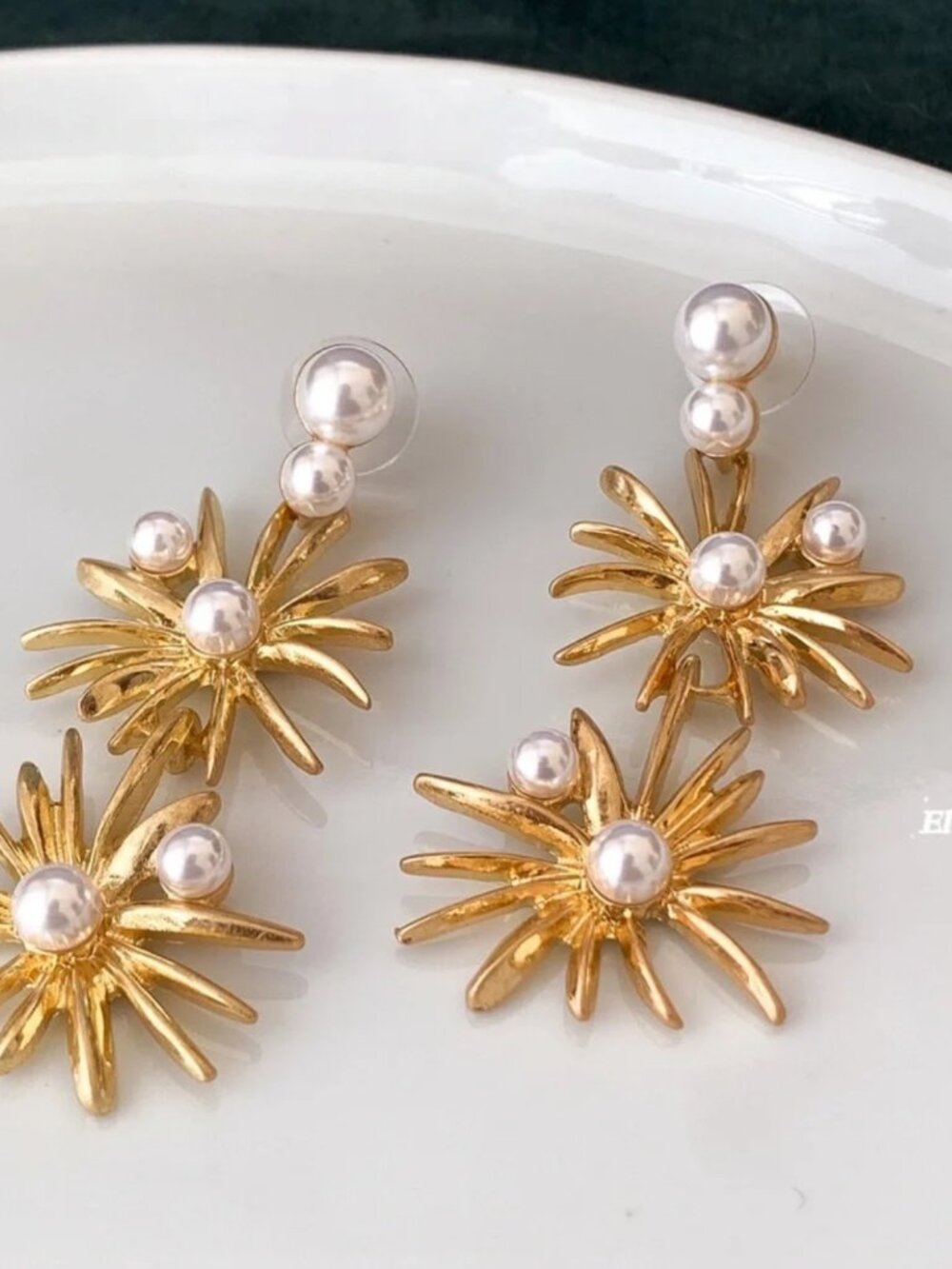 Oscar de la Renta Gold Sunburst Faux Pearl Drop Earrings Statement Earrings